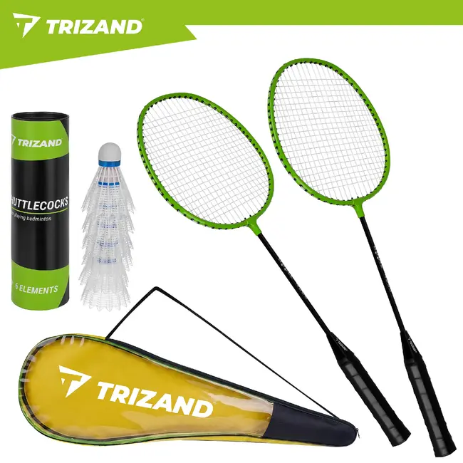 Trizand Badmintonset 9-delig met 2 rackets, 6 shuttles en hoes. Ideaal voor recreatief spelen in tuin, op strand of tijdens vakantie.