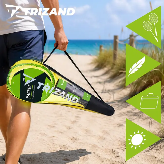 Trizand Badmintonset 9-delig met 2 rackets, 6 shuttles en hoes. Ideaal voor recreatief spelen in tuin, op strand of tijdens vakantie.
