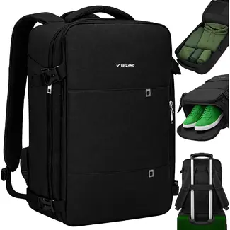 Trizand Zwarte reisrugzak 40 x 20 x 25 cm met 180° opening, USB-poort en kofferband voor handbagage