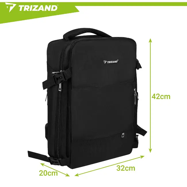 Trizand Zwarte reisrugzak 40 x 20 x 25 cm met 180° opening, USB-poort en kofferband voor handbagage