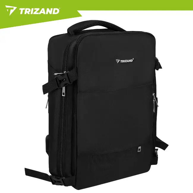 Trizand Zwarte reisrugzak 40 x 20 x 25 cm met 180° opening, USB-poort en kofferband voor handbagage