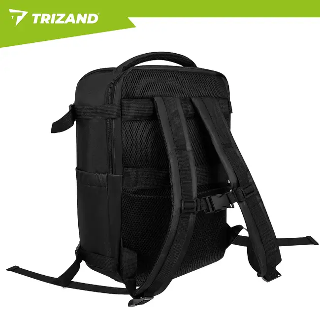 Trizand Zwarte reisrugzak 40 x 20 x 25 cm met 180° opening, USB-poort en kofferband voor handbagage