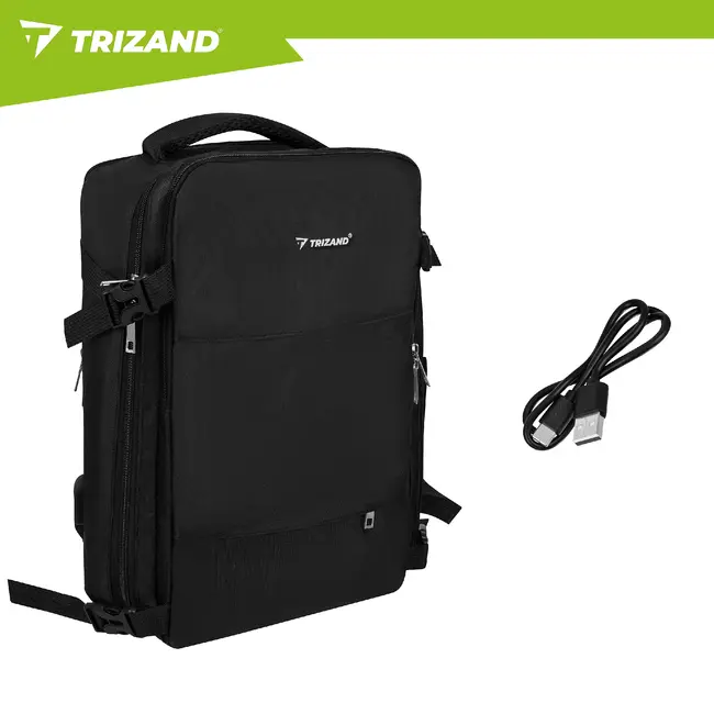 Trizand Zwarte reisrugzak 40 x 20 x 25 cm met 180° opening, USB-poort en kofferband voor handbagage