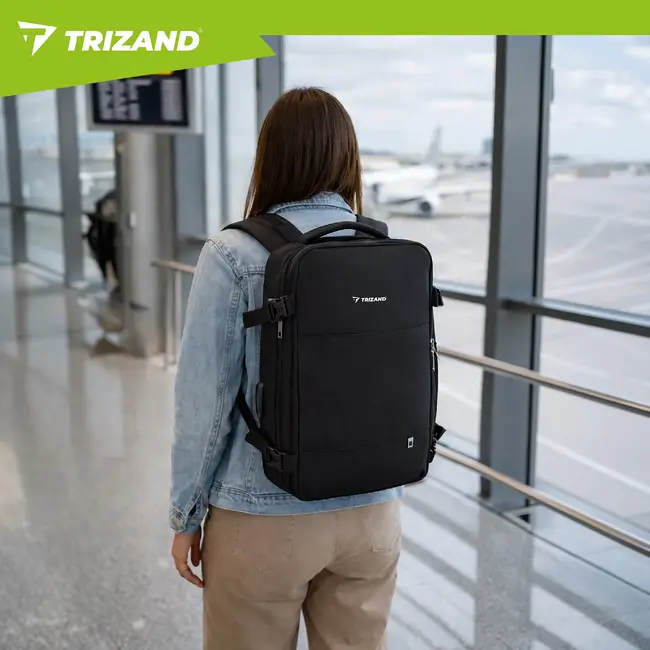 Trizand Zwarte reisrugzak 40 x 20 x 25 cm met 180° opening, USB-poort en kofferband voor handbagage