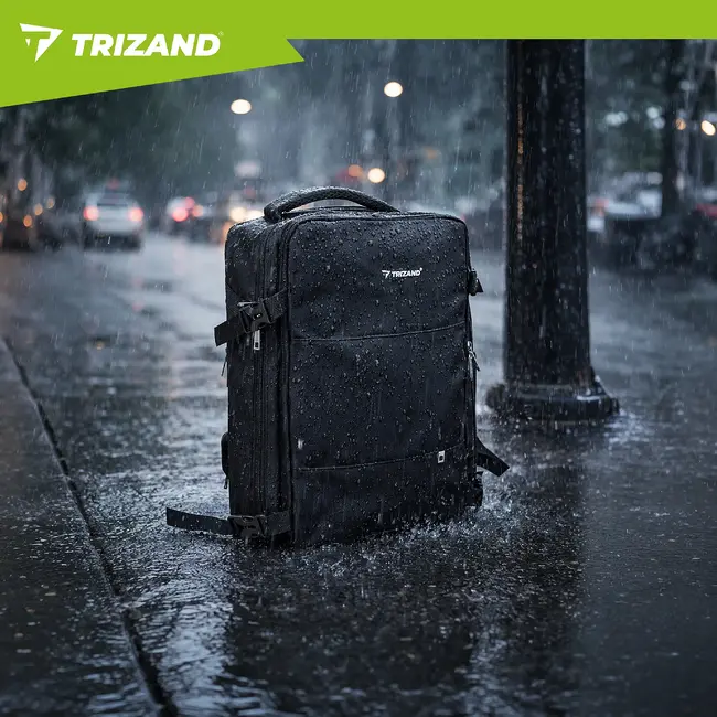 Trizand Zwarte reisrugzak 40 x 20 x 25 cm met 180° opening, USB-poort en kofferband voor handbagage