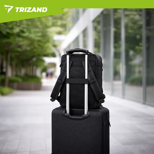 Trizand Zwarte reisrugzak 40 x 20 x 25 cm met 180° opening, USB-poort en kofferband voor handbagage