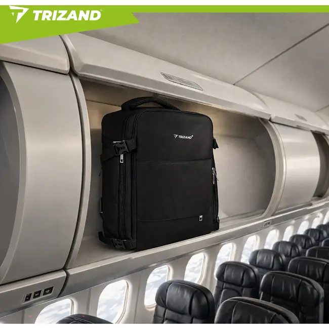 Trizand Zwarte reisrugzak 40 x 20 x 25 cm met 180° opening, USB-poort en kofferband voor handbagage