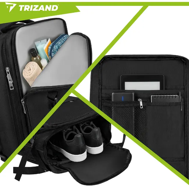 Trizand Zwarte reisrugzak 40 x 20 x 25 cm met 180° opening, USB-poort en kofferband voor handbagage