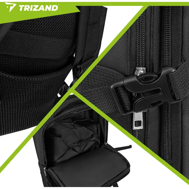 Trizand Zwarte reisrugzak 40 x 20 x 25 cm met 180° opening, USB-poort en kofferband voor handbagage