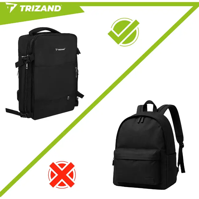 Trizand Zwarte reisrugzak 40 x 20 x 25 cm met 180° opening, USB-poort en kofferband voor handbagage