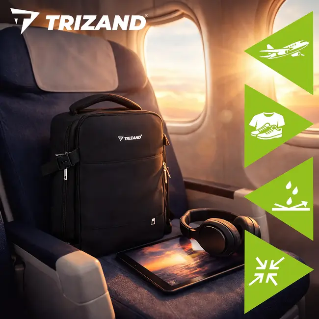 Trizand Zwarte reisrugzak 40 x 20 x 25 cm met 180° opening, USB-poort en kofferband voor handbagage