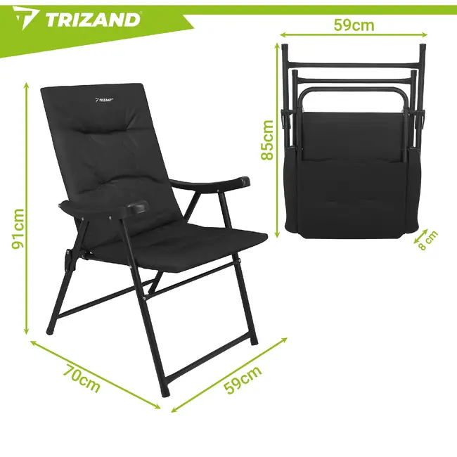 Trizand Inklapbare campingstoel zwart 59 x 70 x 91 cm voor camping tuin en outdoor gebruik