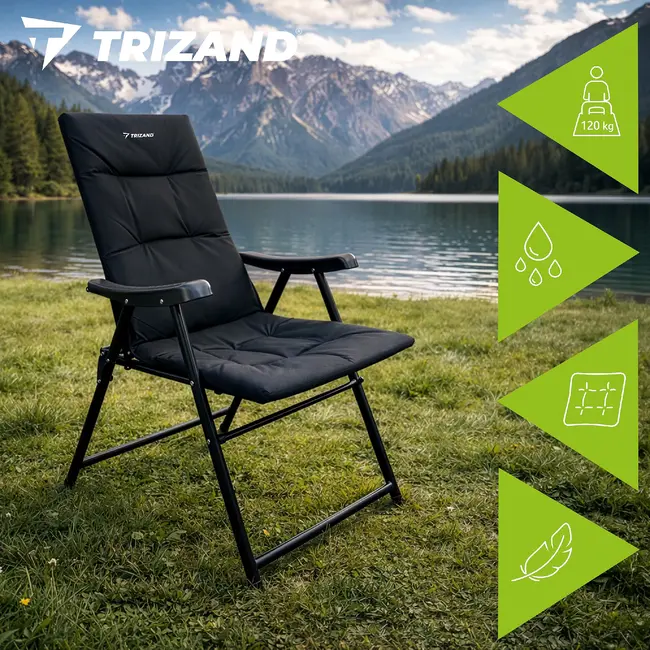 Trizand Inklapbare campingstoel zwart 59 x 70 x 91 cm voor camping tuin en outdoor gebruik