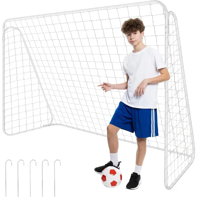 Trizand Metalen voetbalgoal 213 x 150 x 90 cm wit met net, haringen en montagekit voor training in de tuin