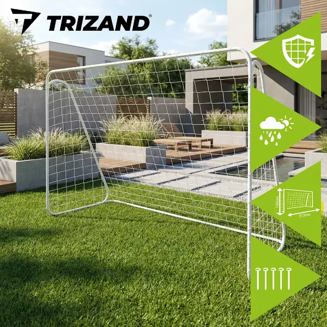 Trizand Metalen voetbalgoal 213 x 150 x 90 cm wit met net, haringen en montagekit voor training in de tuin