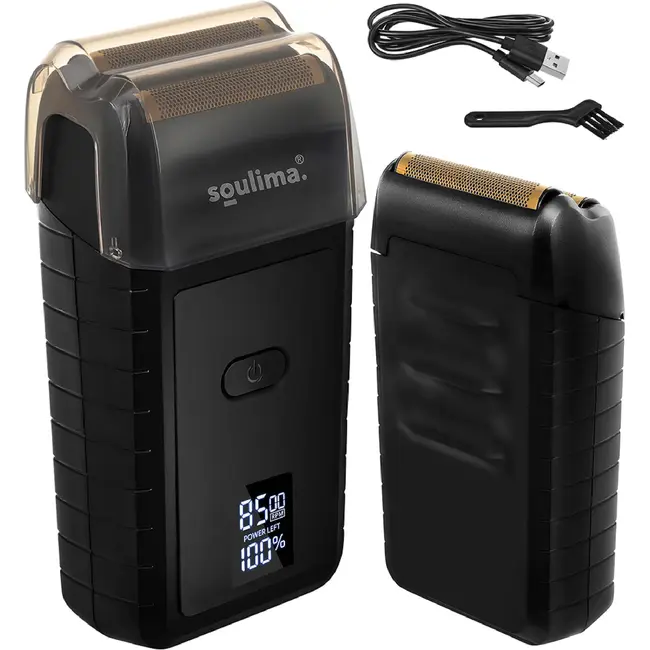 Soulima Compact baardscheerapparaat met 2 folies, 2 roestvrijstalen messen, LED-display, USB-C, IPX4 en lithium accu voor reizen