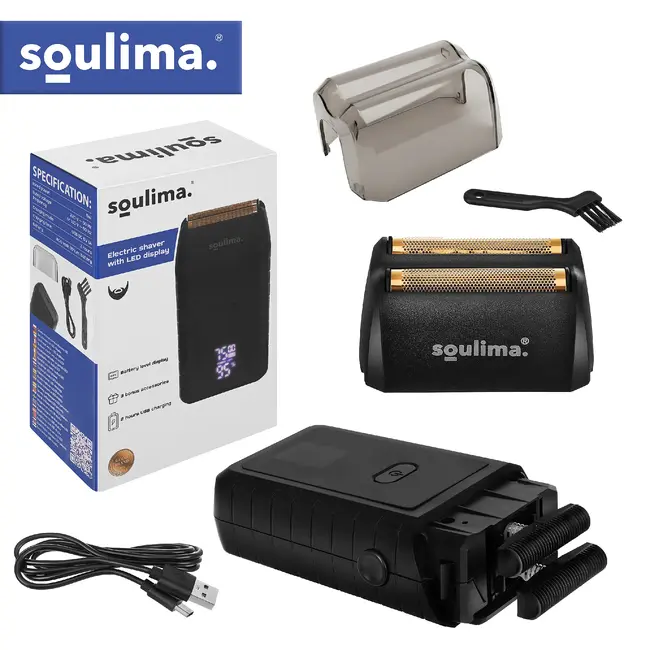Soulima Compact baardscheerapparaat met 2 folies, 2 roestvrijstalen messen, LED-display, USB-C, IPX4 en lithium accu voor reizen