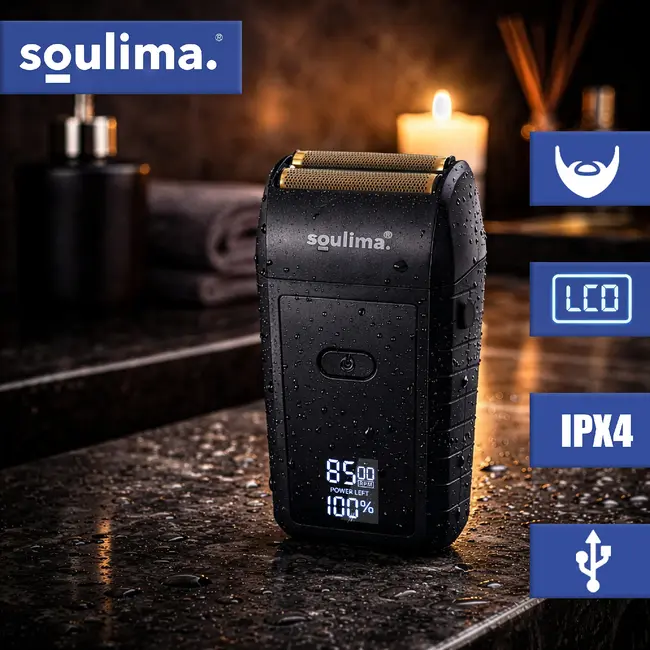 Soulima Compact baardscheerapparaat met 2 folies, 2 roestvrijstalen messen, LED-display, USB-C, IPX4 en lithium accu voor reizen