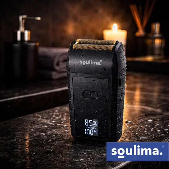 Soulima Compact baardscheerapparaat met 2 folies, 2 roestvrijstalen messen, LED-display, USB-C, IPX4 en lithium accu voor reizen