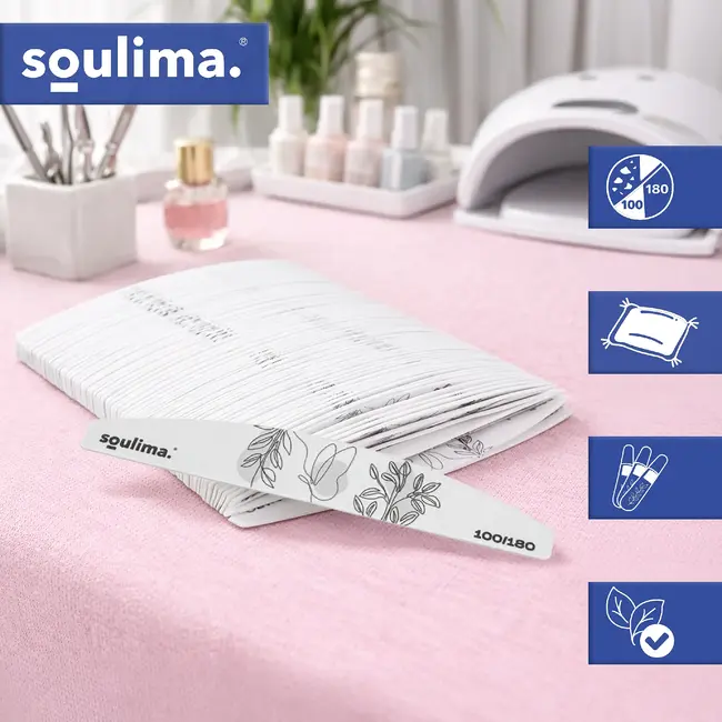 Soulima Nagelvijlen 100 stuks 100/180 grijs zebra, smalle bootvorm met verstevigde kern voor manicure en pedicure