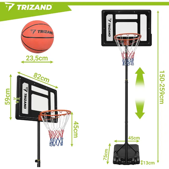 Trizand Staande basketbalpaal 259 cm met verstelbare ringhoogte 150 tot 210 cm, vulbare voet, bord, net en bal