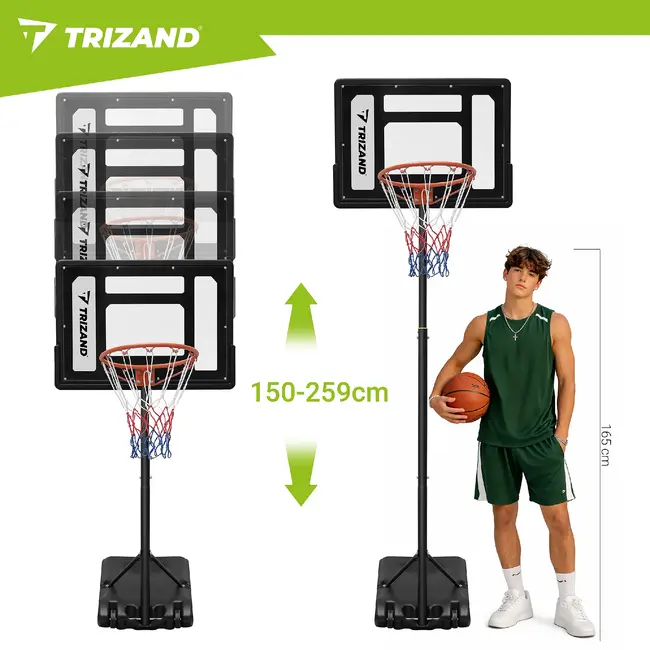 Trizand Staande basketbalpaal 259 cm met verstelbare ringhoogte 150 tot 210 cm, vulbare voet, bord, net en bal