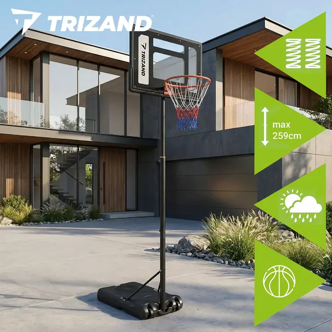 Trizand Staande basketbalpaal 259 cm met verstelbare ringhoogte 150 tot 210 cm, vulbare voet, bord, net en bal