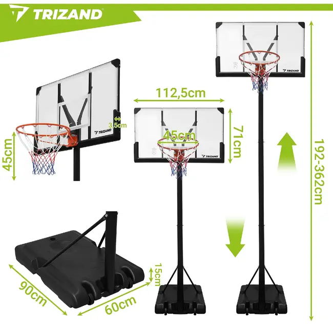 Trizand Verstelbare basketbalpaal 135-305 cm met 112,5 x 71 cm bord, 45 cm ring, wielen en 50 liter basis voor thuisgebruik