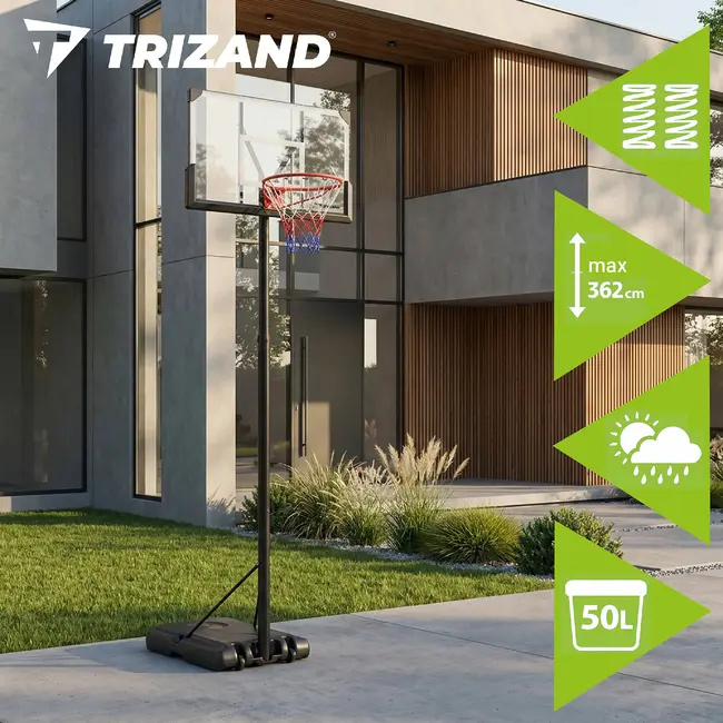 Trizand Verstelbare basketbalpaal 135-305 cm met 112,5 x 71 cm bord, 45 cm ring, wielen en 50 liter basis voor thuisgebruik