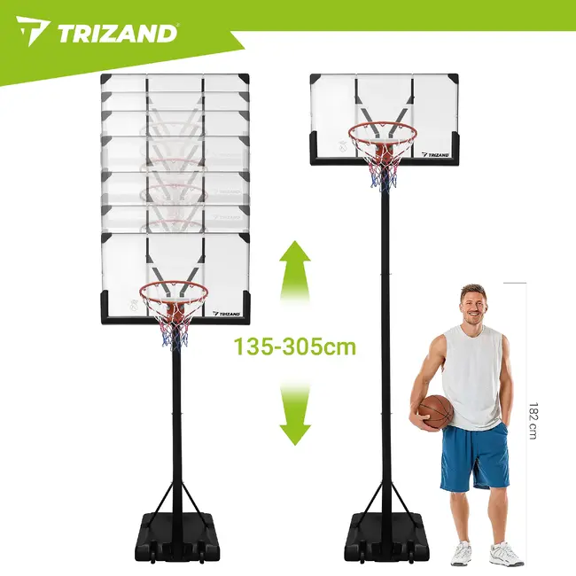 Trizand Verstelbare basketbalpaal 135-305 cm met 112,5 x 71 cm bord, 45 cm ring, wielen en 50 liter basis voor thuisgebruik