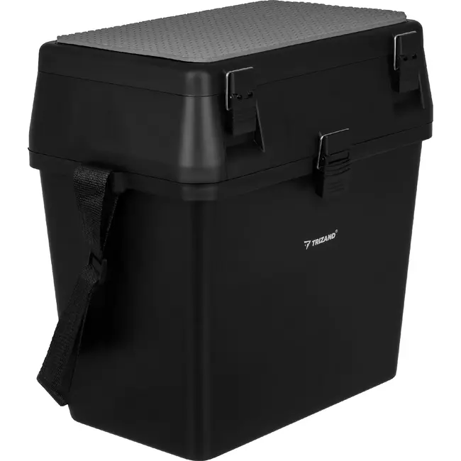 Trizand Zwarte viskoffer 38 x 34 x 21 cm met zitfunctie tot 140 kg, opbergvakken en schouderband voor je visuitrusting onderweg