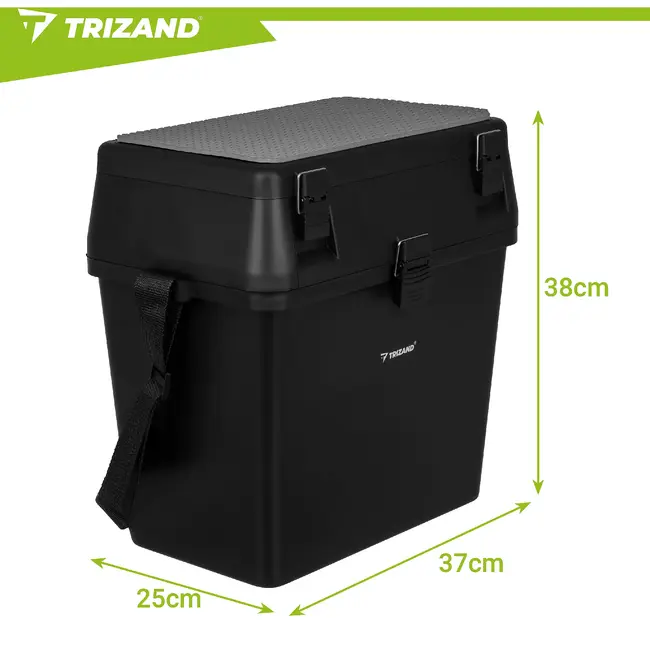 Trizand Zwarte viskoffer 38 x 34 x 21 cm met zitfunctie tot 140 kg, opbergvakken en schouderband voor je visuitrusting onderweg
