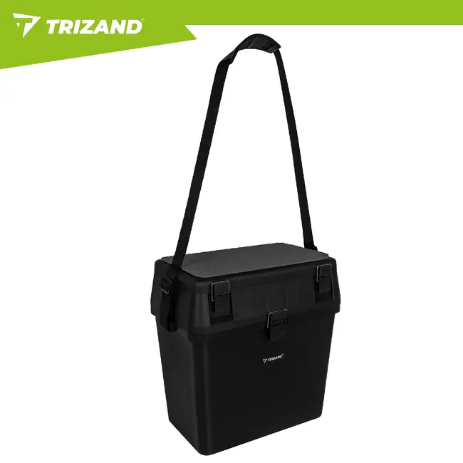 Trizand Zwarte viskoffer 38 x 34 x 21 cm met zitfunctie tot 140 kg, opbergvakken en schouderband voor je visuitrusting onderweg