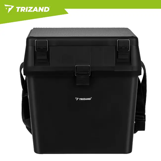 Trizand Zwarte viskoffer 38 x 34 x 21 cm met zitfunctie tot 140 kg, opbergvakken en schouderband voor je visuitrusting onderweg