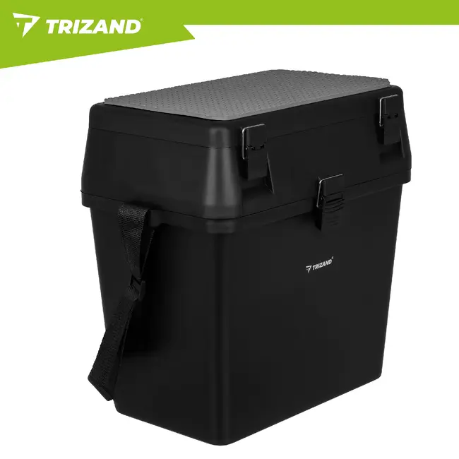 Trizand Zwarte viskoffer 38 x 34 x 21 cm met zitfunctie tot 140 kg, opbergvakken en schouderband voor je visuitrusting onderweg