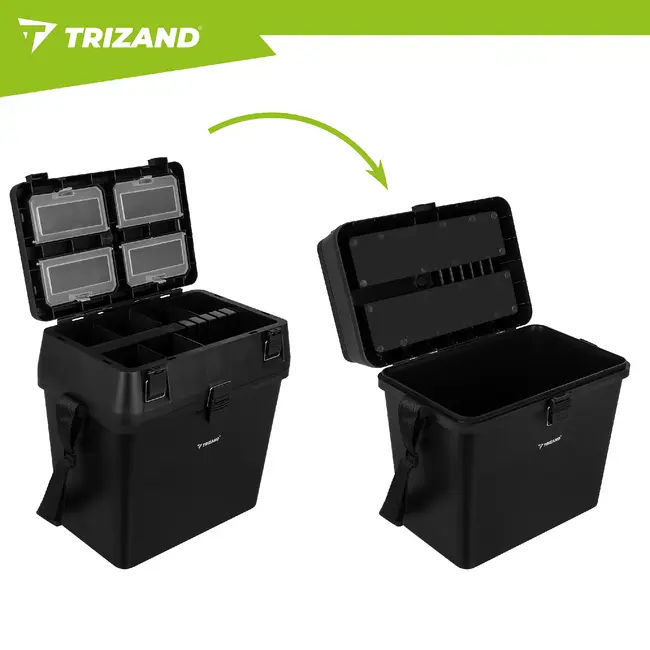 Trizand Zwarte viskoffer 38 x 34 x 21 cm met zitfunctie tot 140 kg, opbergvakken en schouderband voor je visuitrusting onderweg