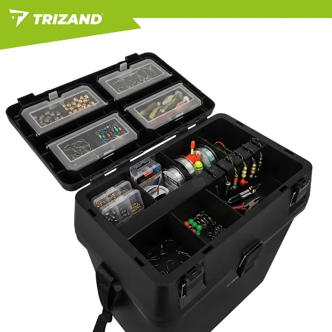Trizand Zwarte viskoffer 38 x 34 x 21 cm met zitfunctie tot 140 kg, opbergvakken en schouderband voor je visuitrusting onderweg