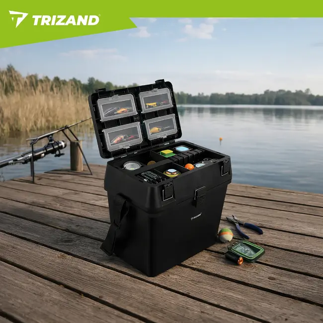Trizand Zwarte viskoffer 38 x 34 x 21 cm met zitfunctie tot 140 kg, opbergvakken en schouderband voor je visuitrusting onderweg