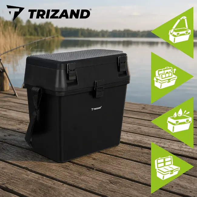Trizand Zwarte viskoffer 38 x 34 x 21 cm met zitfunctie tot 140 kg, opbergvakken en schouderband voor je visuitrusting onderweg