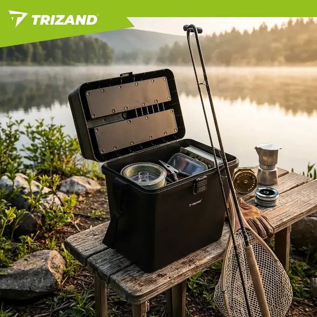 Trizand Zwarte viskoffer 38 x 34 x 21 cm met zitfunctie tot 140 kg, opbergvakken en schouderband voor je visuitrusting onderweg