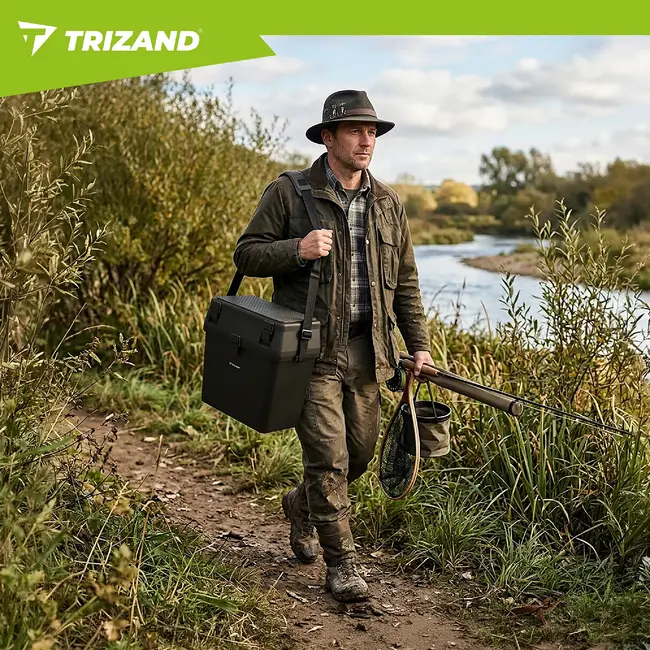 Trizand Zwarte viskoffer 38 x 34 x 21 cm met zitfunctie tot 140 kg, opbergvakken en schouderband voor je visuitrusting onderweg