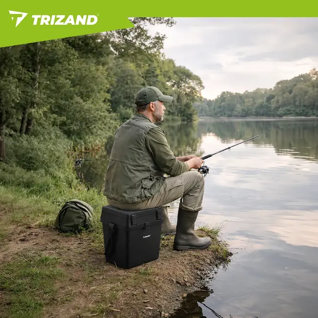 Trizand Zwarte viskoffer 38 x 34 x 21 cm met zitfunctie tot 140 kg, opbergvakken en schouderband voor je visuitrusting onderweg