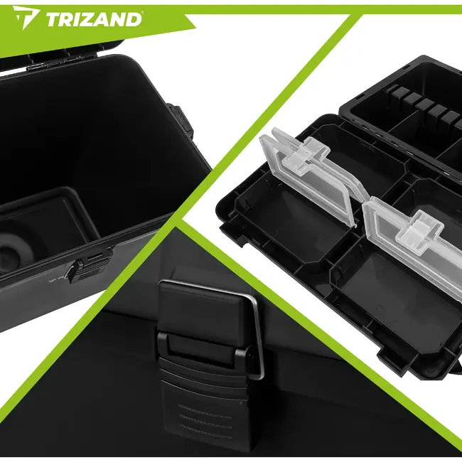 Trizand Zwarte viskoffer 38 x 34 x 21 cm met zitfunctie tot 140 kg, opbergvakken en schouderband voor je visuitrusting onderweg
