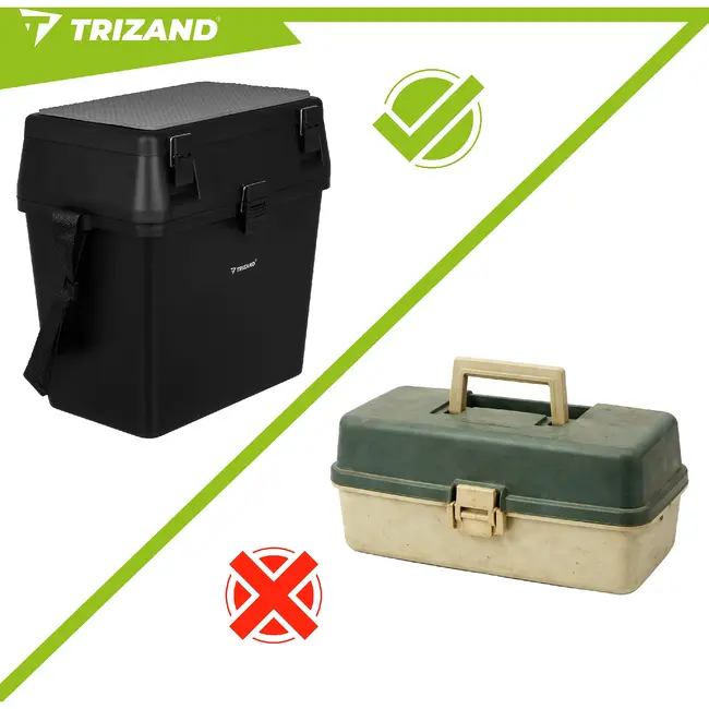 Trizand Zwarte viskoffer 38 x 34 x 21 cm met zitfunctie tot 140 kg, opbergvakken en schouderband voor je visuitrusting onderweg