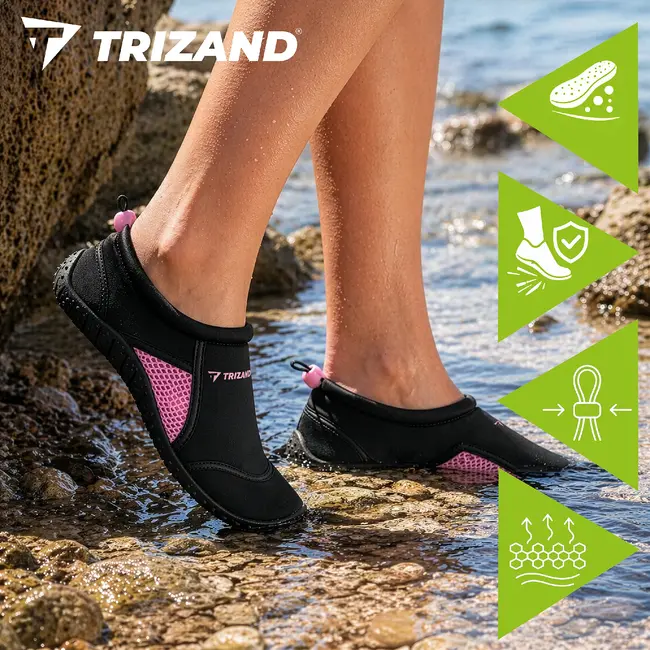 Trizand Zwart roze waterschoenen maat 39 met 5 mm antislipzool, sneldrogende mesh en trekkoord voor strand en zwembad