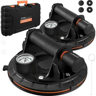 Bigstren Vacuüm zuignapset zwart 200 mm, set van 2 met pomp, drukmeter, koffer en grip voor gladde oppervlakken tot 200 kg per stuk