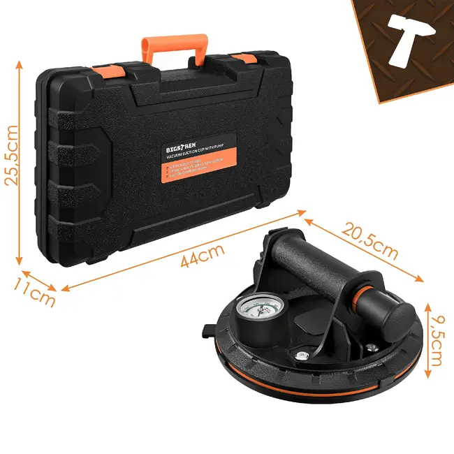 Bigstren Vacuüm zuignapset zwart 200 mm, set van 2 met pomp, drukmeter, koffer en grip voor gladde oppervlakken tot 200 kg per stuk