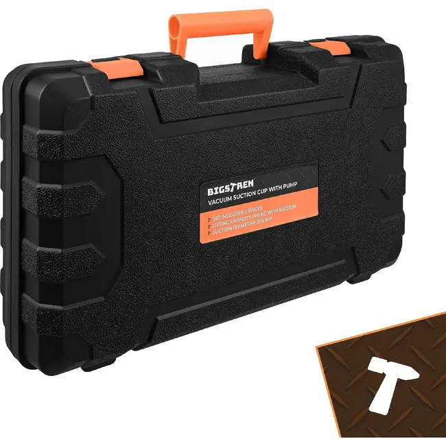 Bigstren Vacuüm zuignapset zwart 200 mm, set van 2 met pomp, drukmeter, koffer en grip voor gladde oppervlakken tot 200 kg per stuk