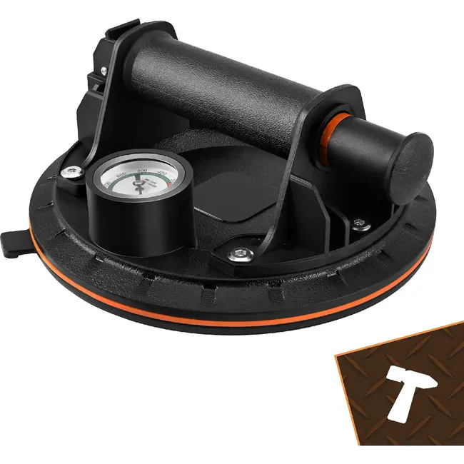 Bigstren Vacuüm zuignapset zwart 200 mm, set van 2 met pomp, drukmeter, koffer en grip voor gladde oppervlakken tot 200 kg per stuk