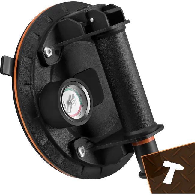 Bigstren Vacuüm zuignapset zwart 200 mm, set van 2 met pomp, drukmeter, koffer en grip voor gladde oppervlakken tot 200 kg per stuk